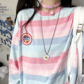 Women's Rainbow Striped T-shirt Loose Long-sleeved Casual Top. 