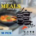 Non-srick cookware Gift Pack set 18 Pieces Die Cast PTF Non Stick Coating with Glass Lid Black. 