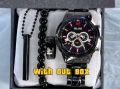 Pack of 4 Mens Silver Watch Set || casual watch set || smart watch || Watch Ring Braclete Chain. 