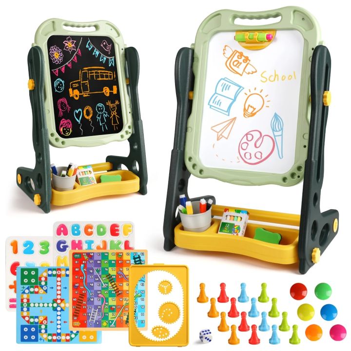 54pcs Artist Easel Drawing Board for Kids Dual Sided Magnetic and Blackboard Adjustable Standing Art Easel for Toddler, Double Magnetic Drawing Board with Painting Accessories  Includes Pens, Chalks, Duster & Other Accessories Along with Board Games
