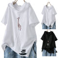 Women Casual Solid Color Short Sleeve Ripped Giraffe Print Loose T-shirt Hoodie. 