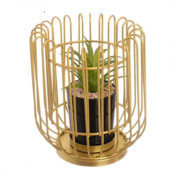 Royal Cage Metal Pot, Home Miniature Ornament, Iron Exquisite Home Decor, Decorative Metal Stand, Metal Cage with Artificial Cactus, Luxurious And Atmospheric Nordic Style Desktop Artificial Potted Plant Decoration, Handmade, Suitable For Table Decoration