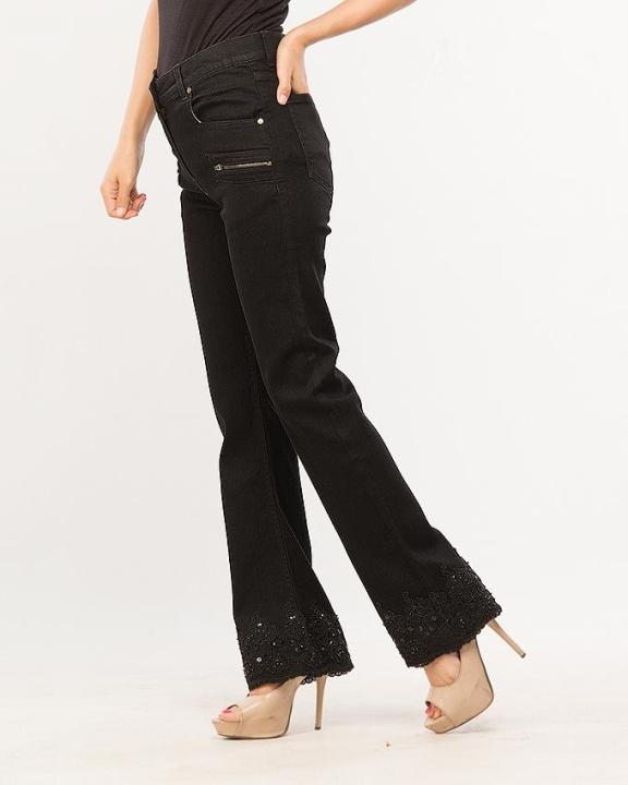 Black Bell-bottom Flared Jeans w/Embellished Hem for Women