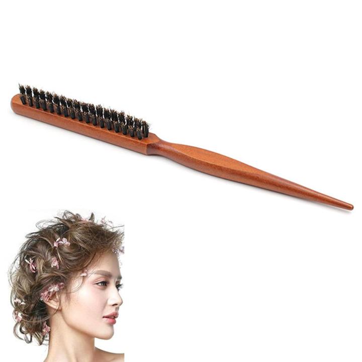Natural Boar Bristle Hair Brush Slim Line Comb Wood Handle Professional Salon