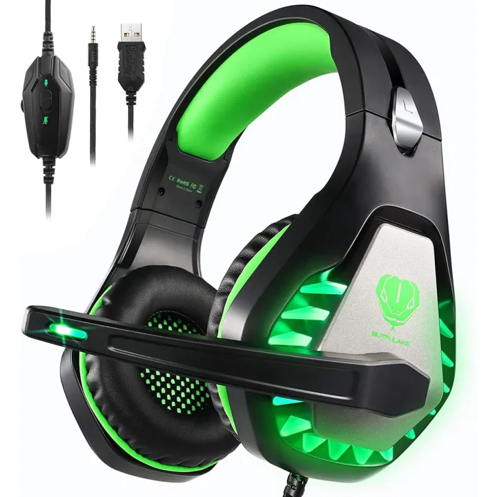 GH-1 Gaming Headset for PS5, PS4, Xbox One, Xbox One S, PC, Nintendo Switch, Mac, Laptop, 3.5mm Wired Pro Stereo Over Ear Gaming Headphones with Noise Cancelling Mic, LED Light, Green