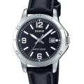 CASIO BLACK DIAL WITH DATE & BLACK LEATHER STRAP WOMEN'S WATCH - LTP-V004L-1BUDF. 