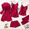 5-Piece Silk Night Dress Set – Elegant Sleepwear, Free Size for Women & Girls. 