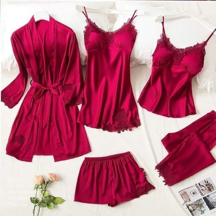 5-Piece Silk Night Dress Set – Elegant Sleepwear, Free Size for Women & Girls