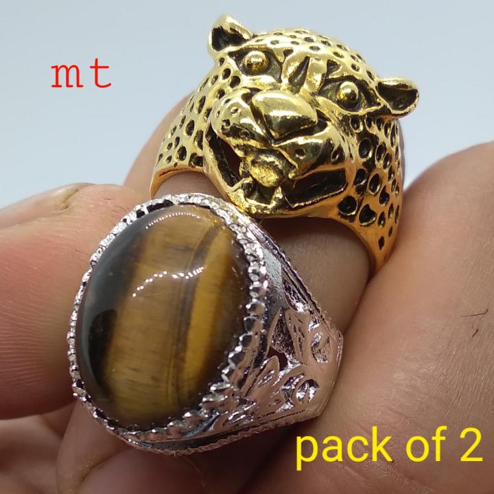 Pack of 2 Tiger Head Ring & Real Tiger Eye Stone ring for men Boys high quality