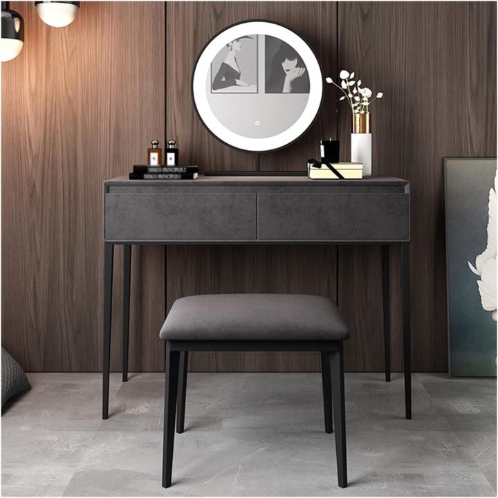 Multifunctional Dressing Table - A Makeup Table with Simple Storage Cabinet, Integrated Small Dressing Table with Ordinary Mirror, and Tufted Stool for a Dynamic Wooden Dressing Experience