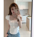 Yfashion Women Short-sleeved Shirts U-shaped Neck Slim Fitted Cropped Tops Pullover Casual Bottoming Shirt color. 