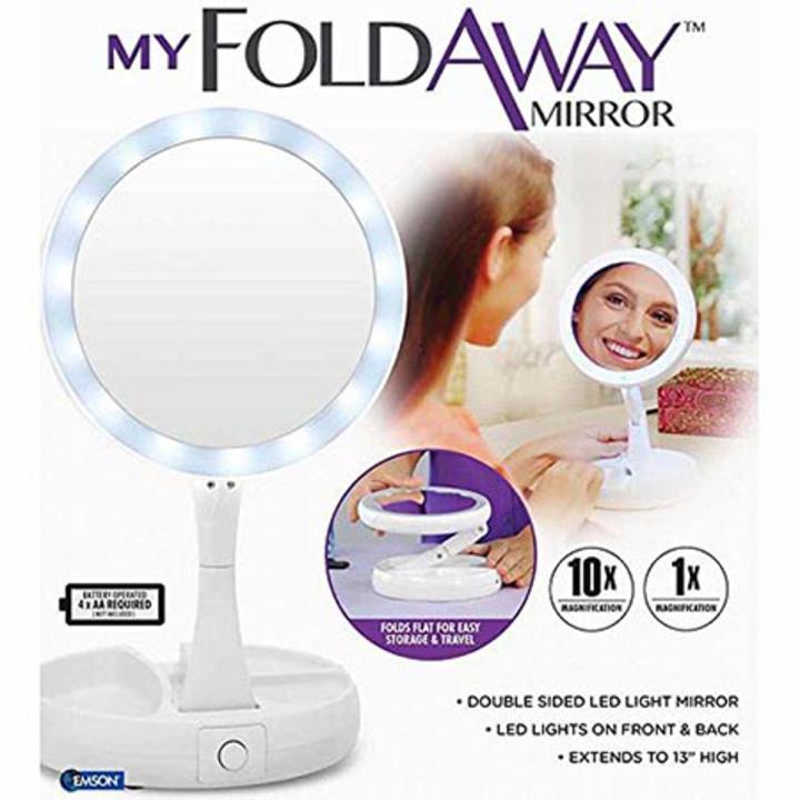 My Foldaway Mirror The Lighted, Double Sided Vanity Mirror 10x Magnification Portable Double-Sided Lighted Beauty Mirror• Double-sided mirror Extends to 13” high can be used with 4 x AA or adapter