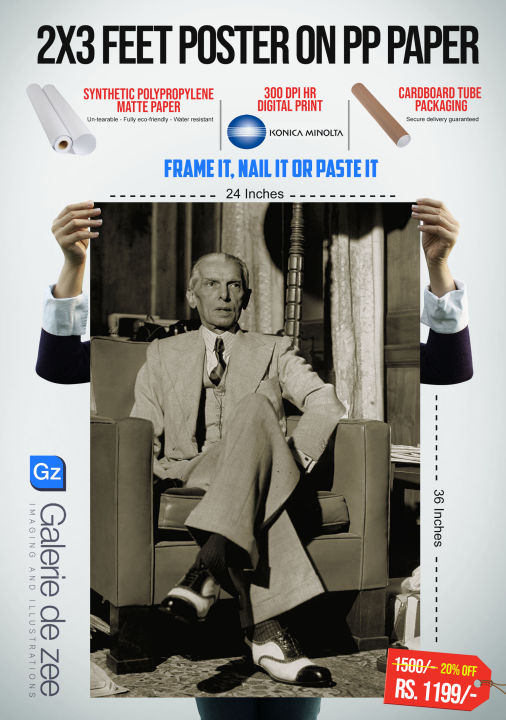 Jinnah 24x36 Inches Poster on Synthetic PP (Polypropylene) Un-tearable, Fully Eco-Friendly, Water Resistant Paper with Konica Minolta Digital Printing (Unframed)