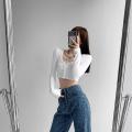 Women Button Down Crop Tops, Casual Long Sleeve Notched V Neck Solid Color Knit T-Shirts. 