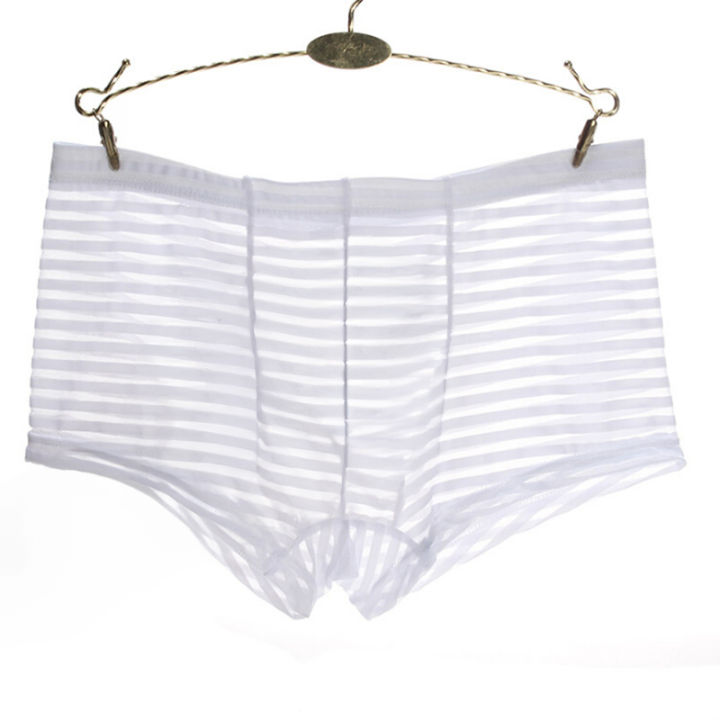 Men Boxer Underwear Boxers Sexy Stripe Mesh Transparent Briefs Ultra-Thin Silk