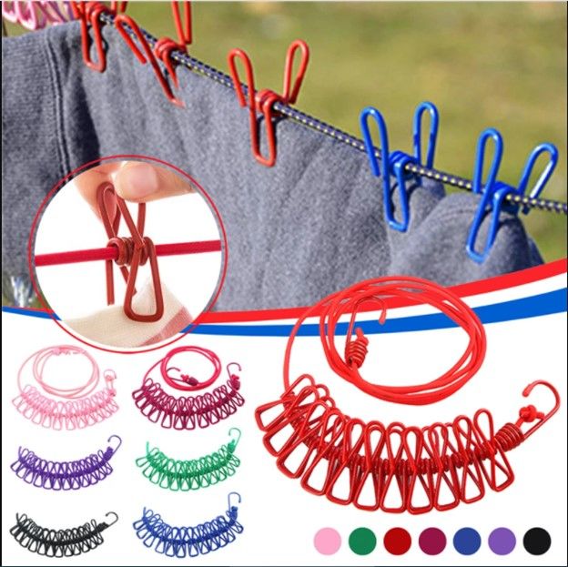 Clothesline Rope Elastic Cloth Drying Hanging Rope with 12 Clips and 2 ...