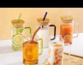 Juice Glass lid With Straw | 400/L2BB |Fancy Glass 2 Pcs Set | High Quality borosilicate Juice Glass | Large size Juice Glass | 2 Pcs Box Set  | Wooden lid Juice Glass 2pcs Set. 
