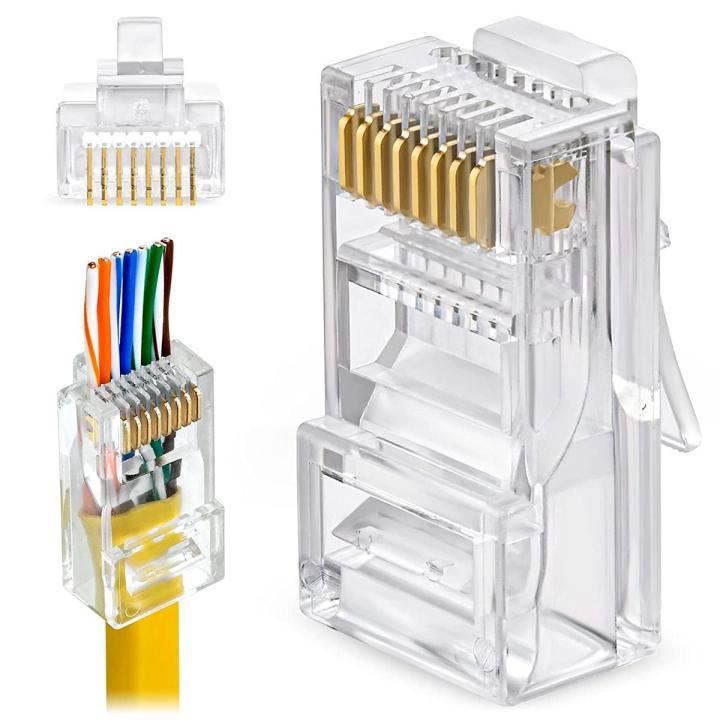 Pack of 2 - RJ45 Cat5e Pass Through Connectors - Easy to Crimp Modular Plug for Solid or Stranded UTP Network Cable  Male Ethernet Connector End