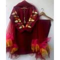 Stylish Parrot & Sleeves Embroided Kurti with Frill Dupatta & Trouser (3 Piece Suit) Embroided Dresses for Women. 