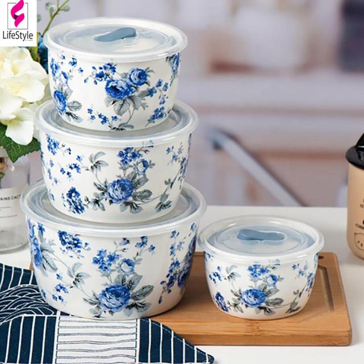 04 Pieces Ceramic Sealed Fresh Bowl Set With Plastic Lid - Multicolor