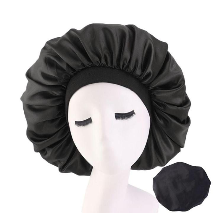 Large Night Sleeping Cap Hair Bonnet Hat Head Cover Satin WiBand Adjust Caps
