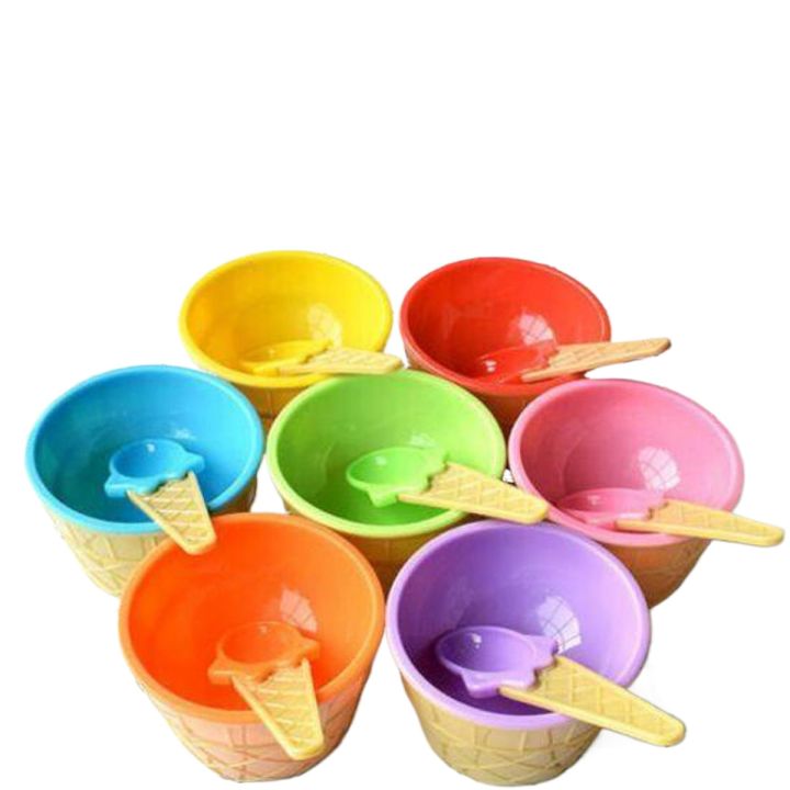 Ice Cream Dessert Bowls with Waffle Cone Shape Spoon in Assorted Colors- 2 Sets