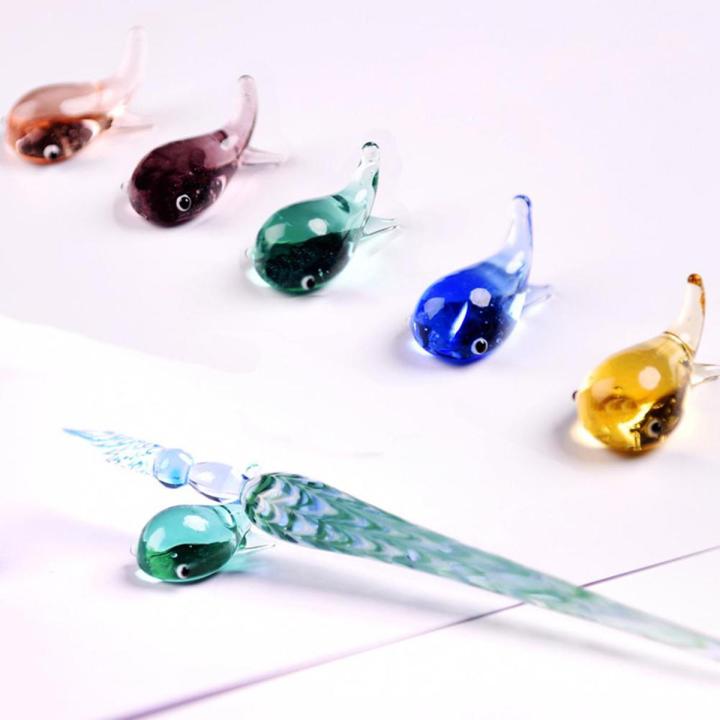 Cute Whale Shaped Crystal Glass Dip Pen Holder Sign Craft Collection Gift