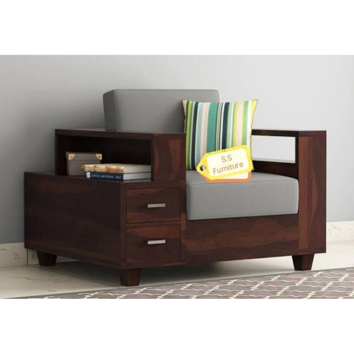 Wooden Sofa Jute Clothed Fiber Sofa With Book Shelf and Drawers Polished
