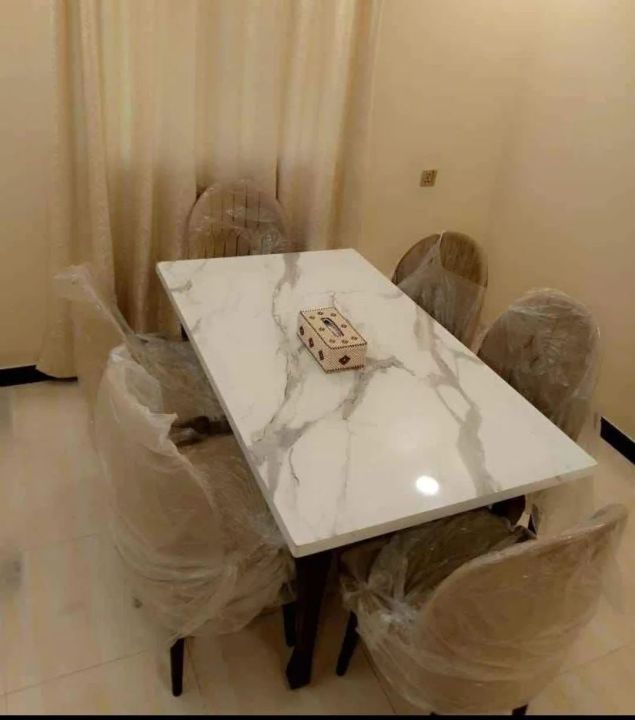 6 seater dinig set. 6 chair table and table top new designs uv marble textured top, customize colors theme available