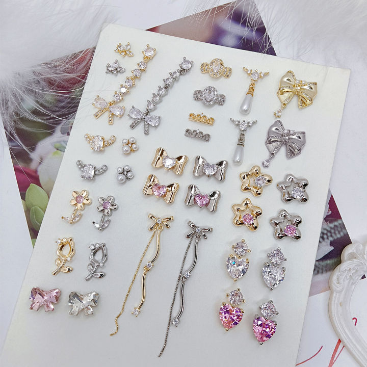 Nail Art Stickers LZ Internet celebrity big bow pendant real gold color-retaining copper inlaid zirconia nail jewelry flower love zircon nail sticker