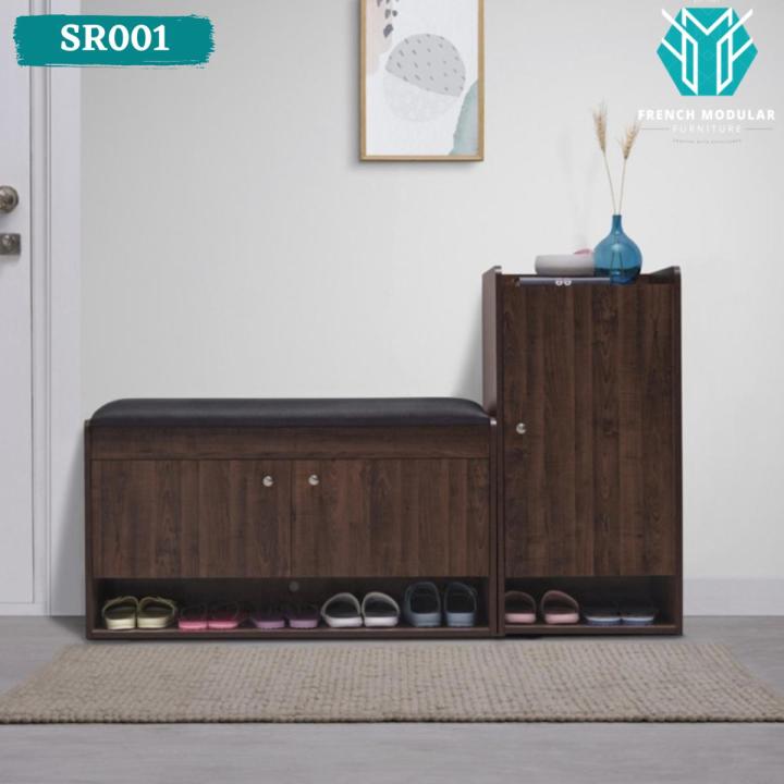 SR001 - Oak Wood Contemporary Design Dark Brown Polish Finish Shoe Cabinet Storage Rack Living Room Shelves Books Organizer