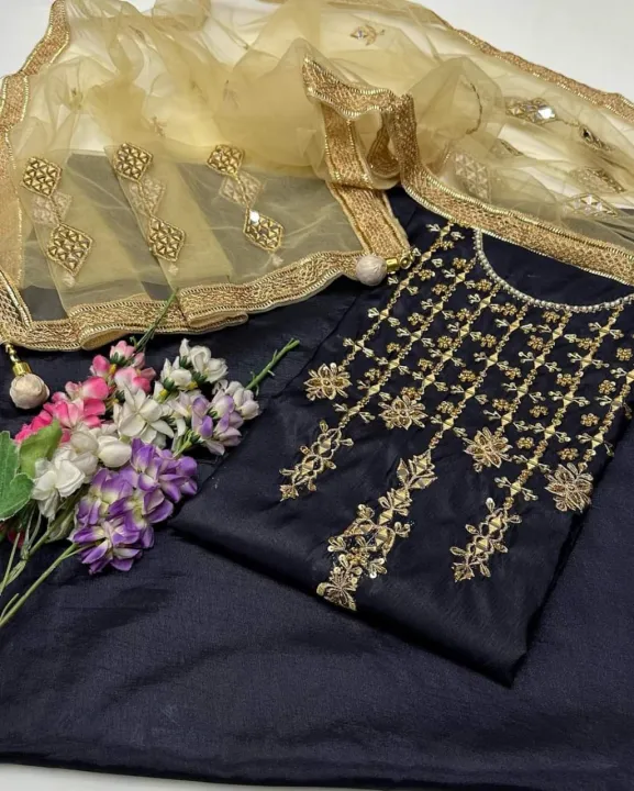 New%20Wedding%20Season%20Collection%20Handmade%20collection%20red%20dark%20%20color%20Kataan%20mirror%20&%20handmade%20shirt%20along%20net%20mirror%20work%20duppata%20plain%20kathan%20silk%20trouser%203%20piece%20-%20Image%202