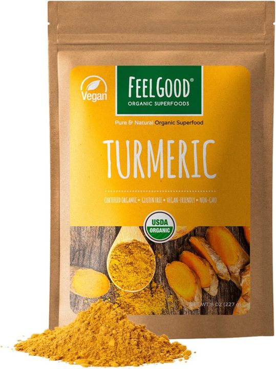 FeelGood Organic Superfoods Turmeric Powder 350g with Natural Curcumin, Vegan, Non-GMO, Gluten Free, Pure Ground Turmeric Root