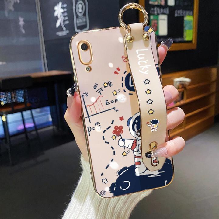 YIWESAN For Huawei Y6 Pro 2019 Case With Wristband New Design Phone Case For Girl Women Thin Pattern Fashion Astronaut Shockproof Plating Silicone Casing Full Cover SoftCase Protection Cases