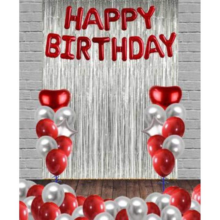 Happy Birthday Silver & Red Theme Set ( Including Red Birthday Foil Balloon-30 Balloons Red & Silver -Silver Curtains 6 Feet Length & 3.5 Feet Width -2 pc silver stars & 2 pc Red Hearts ) Birthday & Party Items -Red Birthday Themes Birthday Decorations