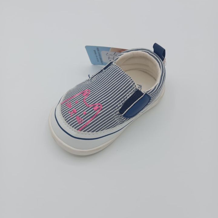 Navy Blue Striped Canvas Baby Slip-On Shoes | Soft Sole Infant Sneakers with Cute Pink Bunny Design