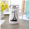 Fancy Cute White Black Travel Flower Eiffel Tower Printed Ceramic Coffee Milk Tea Mugs Cup with Mirror Lid For Boys Girls with Handle - 450 ML. 