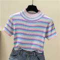 Korean Style chic Women's Colorful Striped Short-Sleeved Sweater Summer Student All-Matching Slim Fit Slimming Bottoming Shirt Retro Top. 