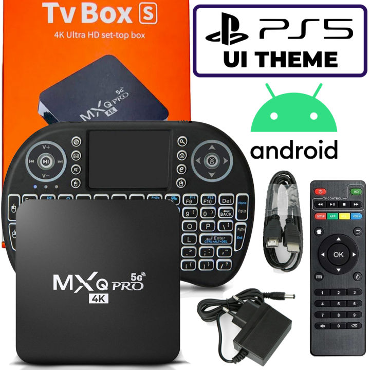 MXQ PRO 5G Android TV Box + Retro Game Console - PS5 Theme UI Edition, Mini Wireless Rechargeable Keyboard, 150+ Bestselling Retro Games