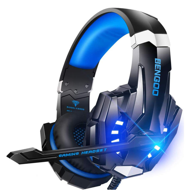 BENGOO G9000 Stereo Gaming Headset for PS4 PC Xbox One PS5 Controller, Noise Cancelling Over Ear Headphones with Mic, LED Light, Bass Surround, Soft Memory Earmuffs (Blue)