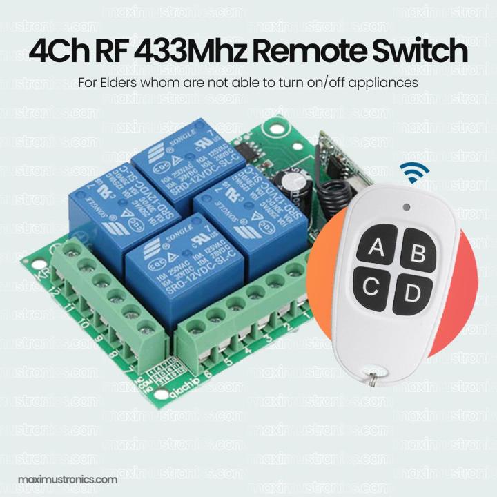 4Ch 12V DC remote control switch 433Mhz - output 220V AC DC 10A 2200W