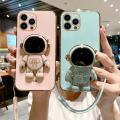 Maitus for iPhone 14 Pro Max Back Cover with Lanyard Astronaut Folding Bracket Stand Luxury 6D Plating Fancy Cases Boys Girls Square Bumper Soft Silicone Mobile Phone Case Pouch. 