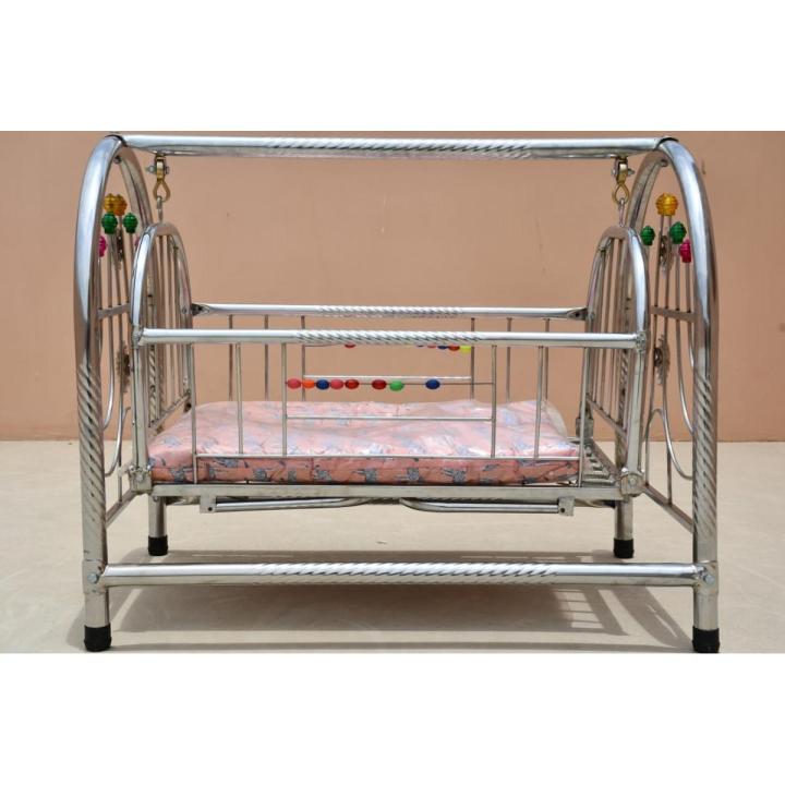 New Born Baby Swing Bed in Silver Chrome with Soft Mattress - Royal Look New Edition