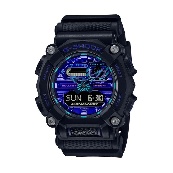 Casio G Shock Round Analog Digital Black Resin World Time LED Light Purple Dial Black Resin Band Watch GA 900VB 1ADR Daraz.pk