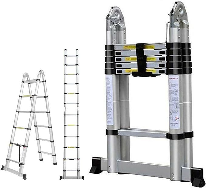 Heavy Duty 12.5FT / 14.5FT / 16.5FT / 18.5FT /  21.5FT / 26.5FT - A-Frame Telescopic Ladder Aluminium Portable Multi-Purpose Extension Ladder Telescoping Ladder, Extension Ladder for Household, INDOOR AND Outdoor Work