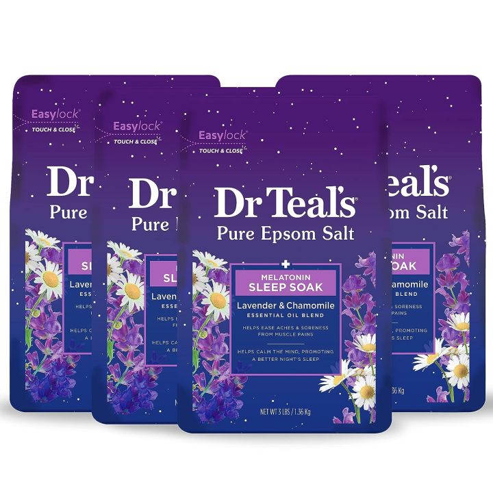 Dr Teal's Pure Epsom Salt Soak, Sleep Blend with Melatonin, Lavender & Chamomile Essential Oils, 3 lbs (Pack of 4) (Packaging May Vary)