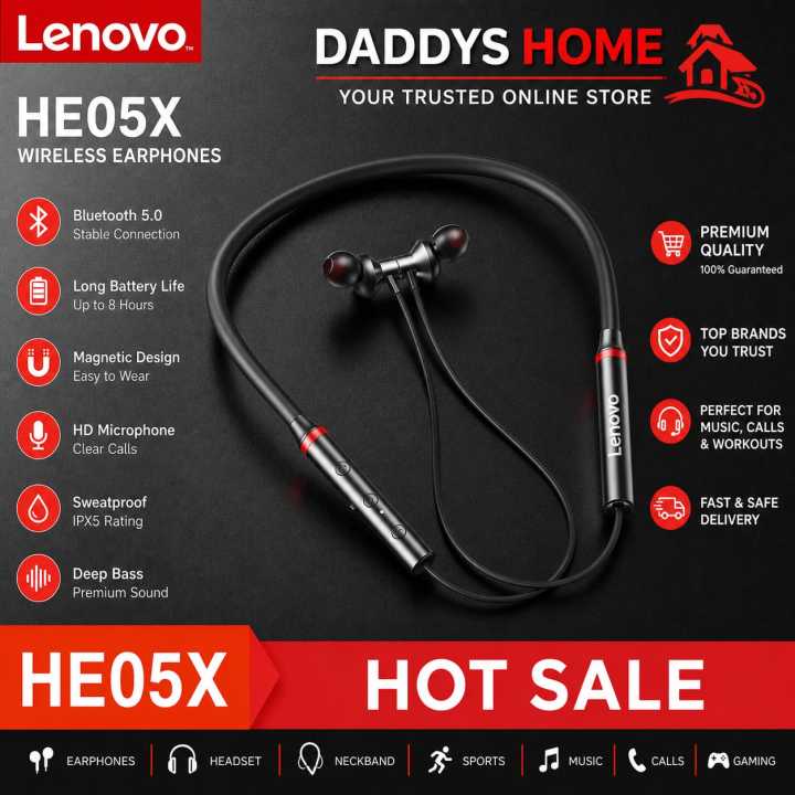 HOT Sale Original Lenovo HE05X Bluetooth 5.3 Earphones Sports Headphones Waterproof Wireless HIFI Sound Magnetic Neckband Headset Mic For All Mobile Phone