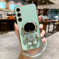 For Samsung Galaxy A05 A05s Back Cover with Lanyard + Cartoon Astronaut Folding Stand Luxury 6D Plating Square Frame Phone Case Shiny Soft Silicone Protective Cases Pouch Girls. 