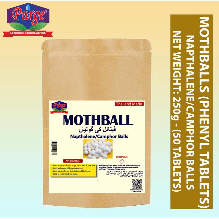 Purge Moth Balls - 50 Tablets - Naphthalene Balls - 250g - Phenyl Tablets - Camphor Tablets - Insects Repellent - Air Freshener - Repel Bugs, Moth, Flea, Flies and Ants