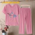 Loveseason Summer Top Trousers Set Tree Branch Print Summer Women T-shirt Long Pants Set. 